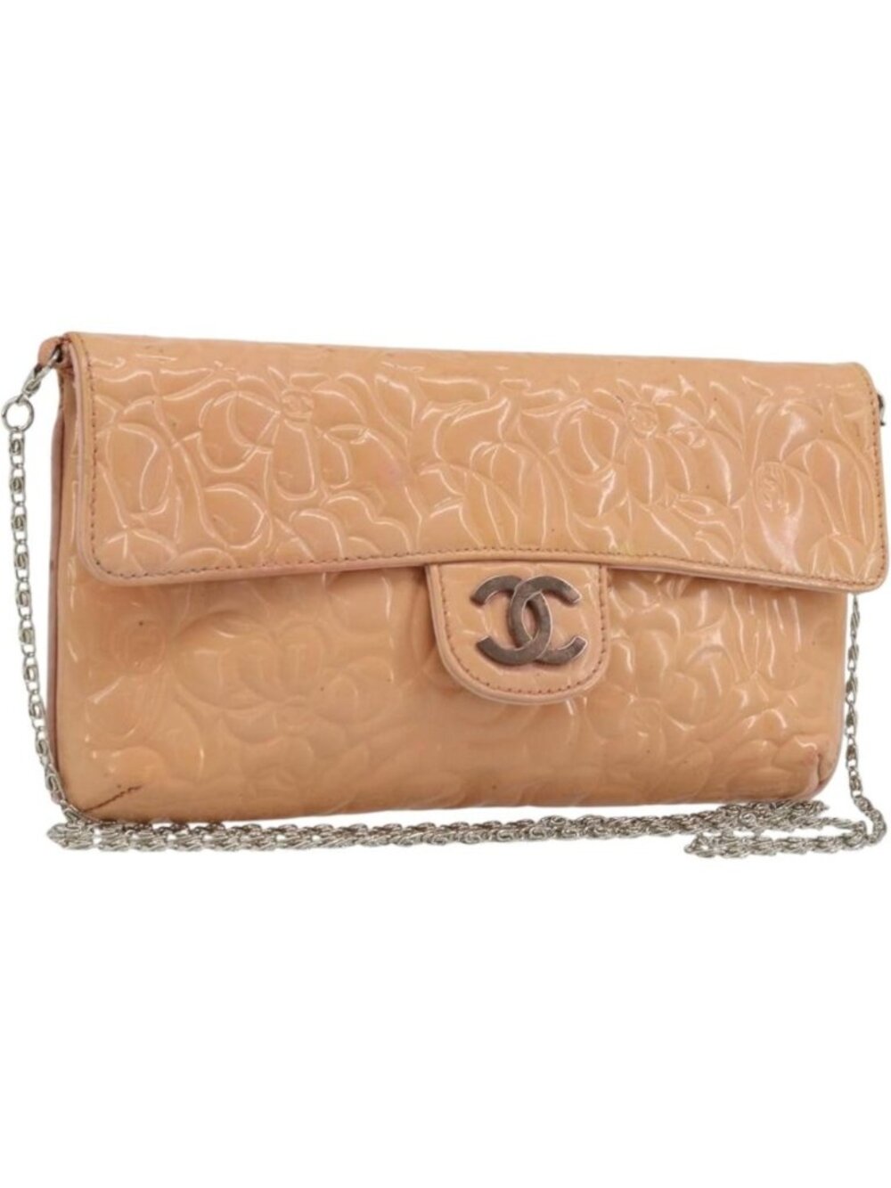 CHANEL Chain Shoulder Bag Patent Leather Pink Silver CC